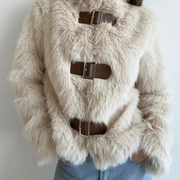 Apricot Casual Women's Stand Collar Fitted Long Sleeve Fluffy Button Jacket - Picture 2 of 9